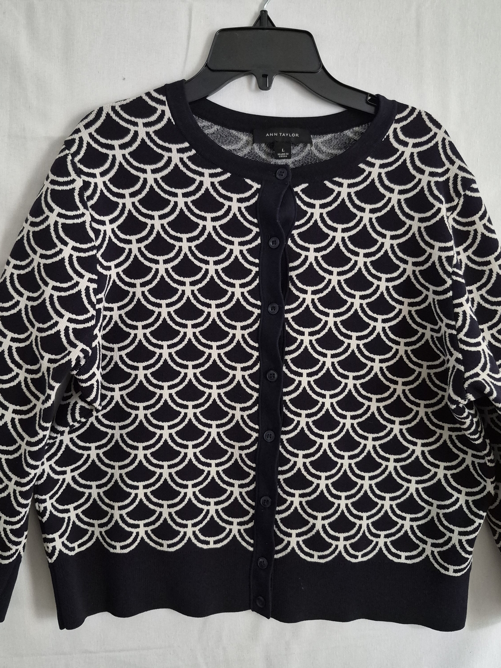 Ann Taylor Navy Blue and White Patterned Button-Front Cardigan Sweater L
